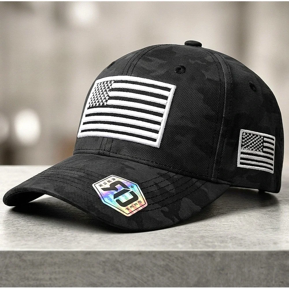 Runs Deep Premium Tactical American Flag Sueded Snapback Cap Hat Dark Gray Camo